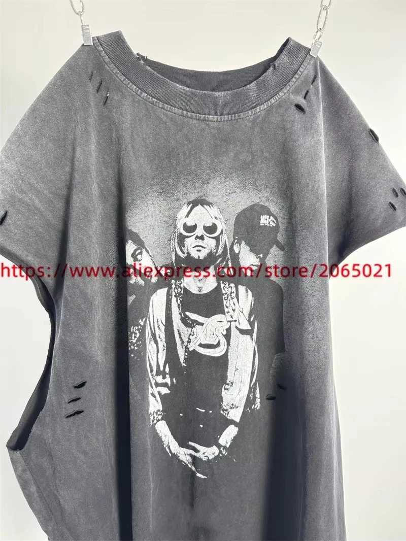 Hole Saint Retro Wash Sleeve Strapless Pattern T-shirt High Quality Heavy duty Fabric T-shirt Triple Top X250324