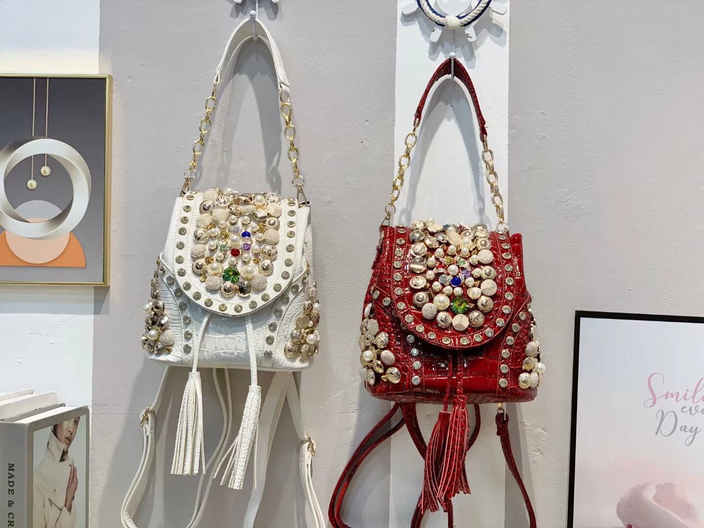 Rhinestone Backpack Female bead diamond bucket shoulder bag casual backpack chain messenger bag 250318