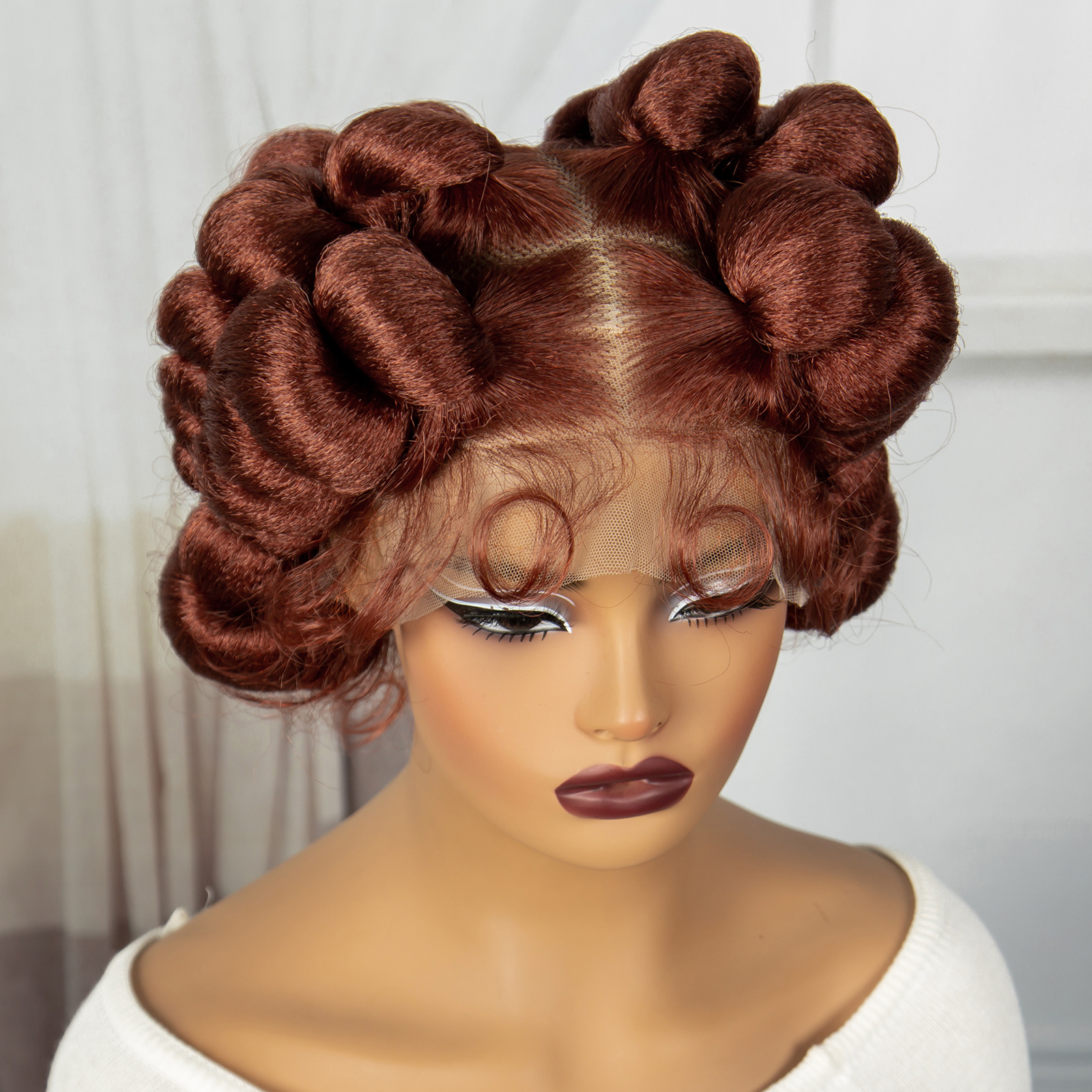 350# Reddish Brown Color 6inch Transparent Full Lace Braided Wigs Short Cute Handmade Bantu Synthetic Braided Lace Wigs Knotless Braids Wig