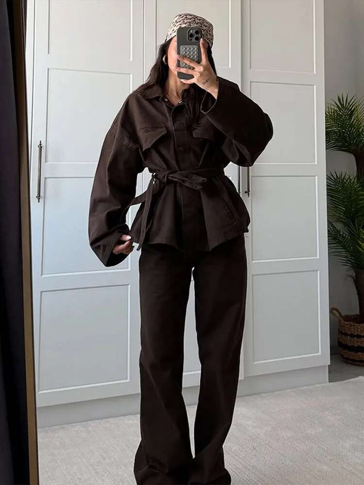 Lapel Belt Women Jacket Pants 2 Piece Sets Slim Packets Denim Coat Straight Wide Leg Jeans Outfits Vintage Elegant Suits