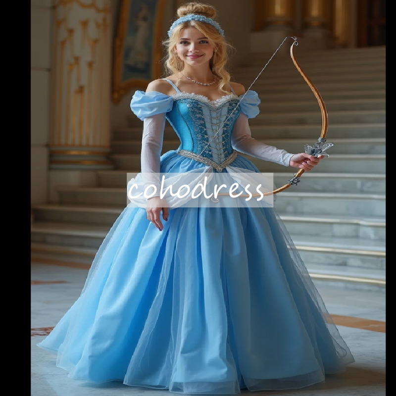 Cosplay Cinderella Blue Prom Dress Long Sleeve Witch Costume Halloween Evening Dress Beaded Formal Bespoke Occasion Party Birthday Dress 2025 Vestio D