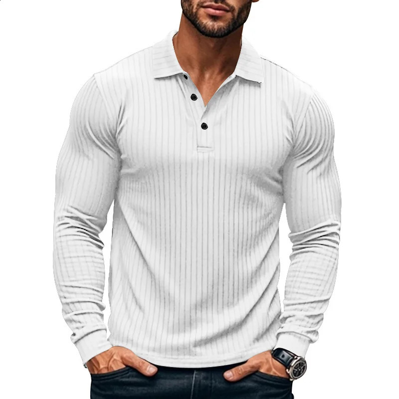 Casual Mens Polo Shirt Solid Color Button Long Sleeve Tshirts Business Tee Fashion Clothing Stretch Breathable 250311
