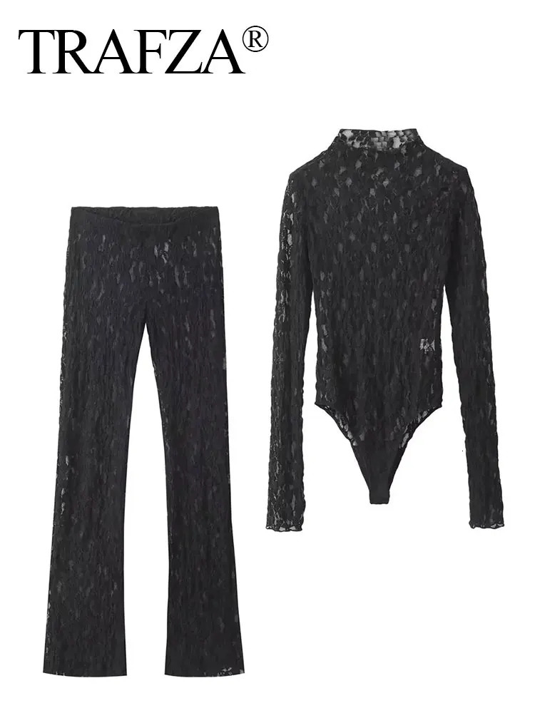 TRAFZA Womens Lace Pants Sets Slim Jumpsuits Top High Waist Trousers Sexy Lady Floral Lace Translucent Y2k Bodysuit Suits 250324