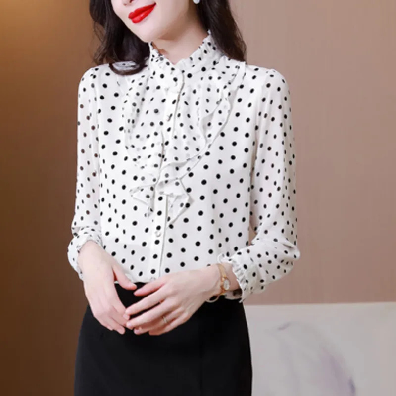 #2525 Polka Dot Printed Chiffon Shirt Women Ruffles Collar Office Shirt Long Sleeve Slim Spliced Ruffles Ladies Tops And Blouses 250318