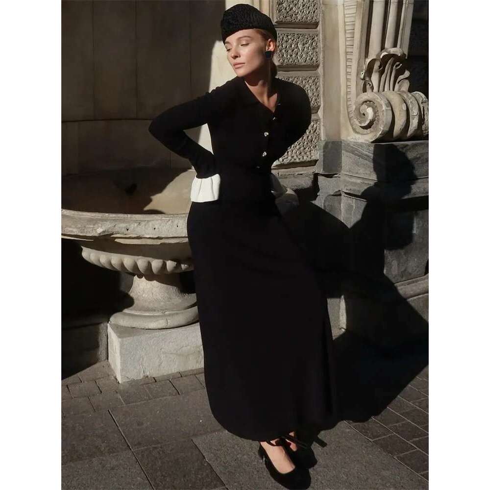 Tossy Female Ruffled Knitwear Long Fashion Patchwork Slim Contrast Lapel Casual Party Gown Women's Knit Maxi Dress