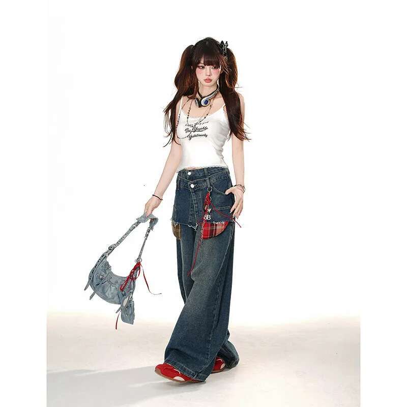 Street Popular Loose Women Patchwork Y2k New Haruku Vintage Oversized Wide-Leg Pants Couple High Waist Jeans 2025