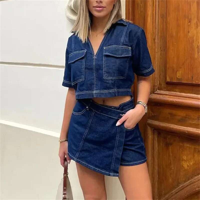 TRAF Blue Denim Sleeve Cropped Shirt Women Summer Short Tops Woman Streetwear Y2k Stylish Women's Blouse