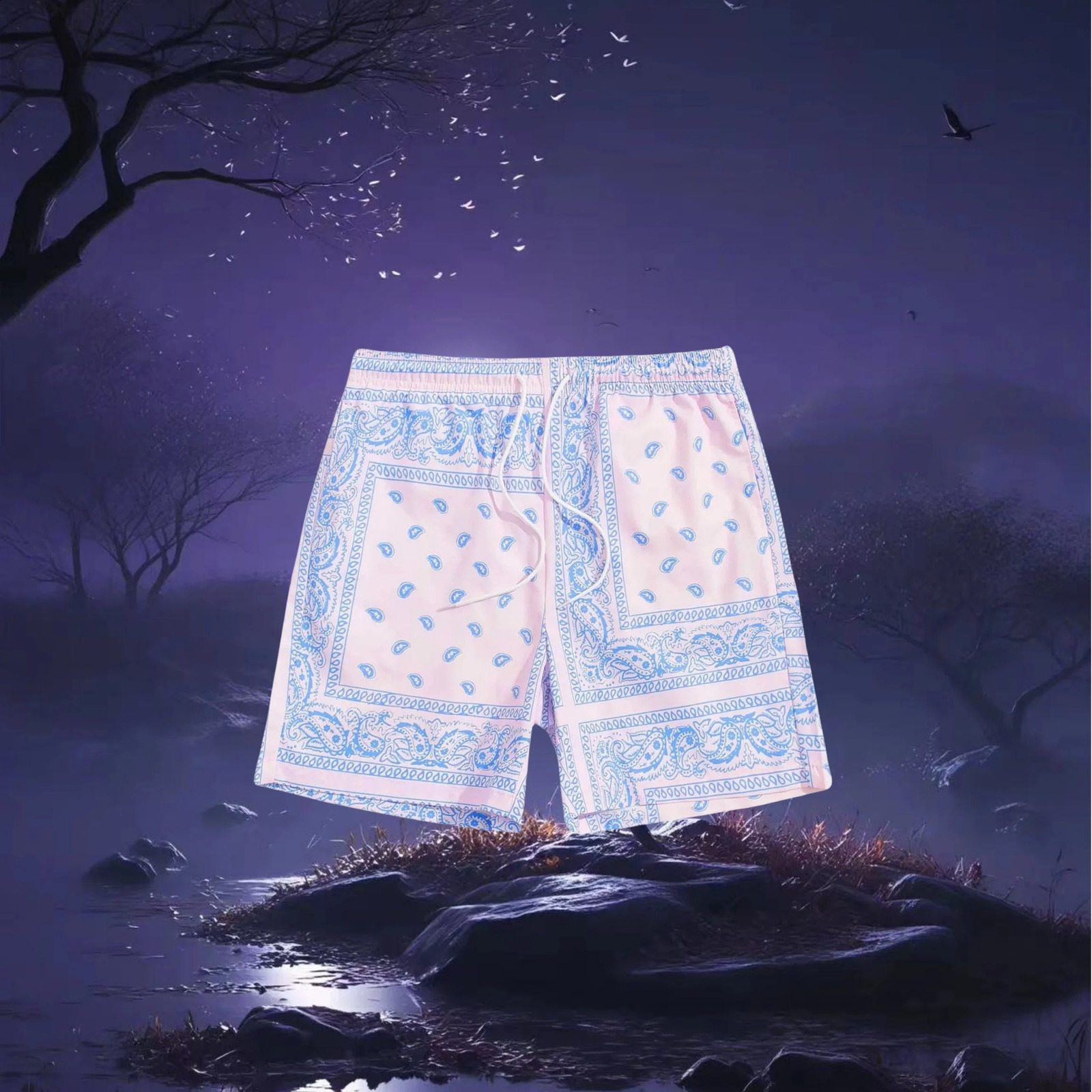 2025Free Shpping Shorts for Men Plus Size MenS Boho Drawstring Waist Paisley Print Summer Beach 250321