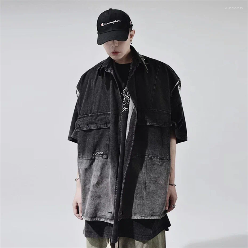 Men's Vests Vintage Denim Men Gradient Rivet Design Waistcoats Sleeveless Jackets Streetwear Punk American Hip Hop Unisex Coats