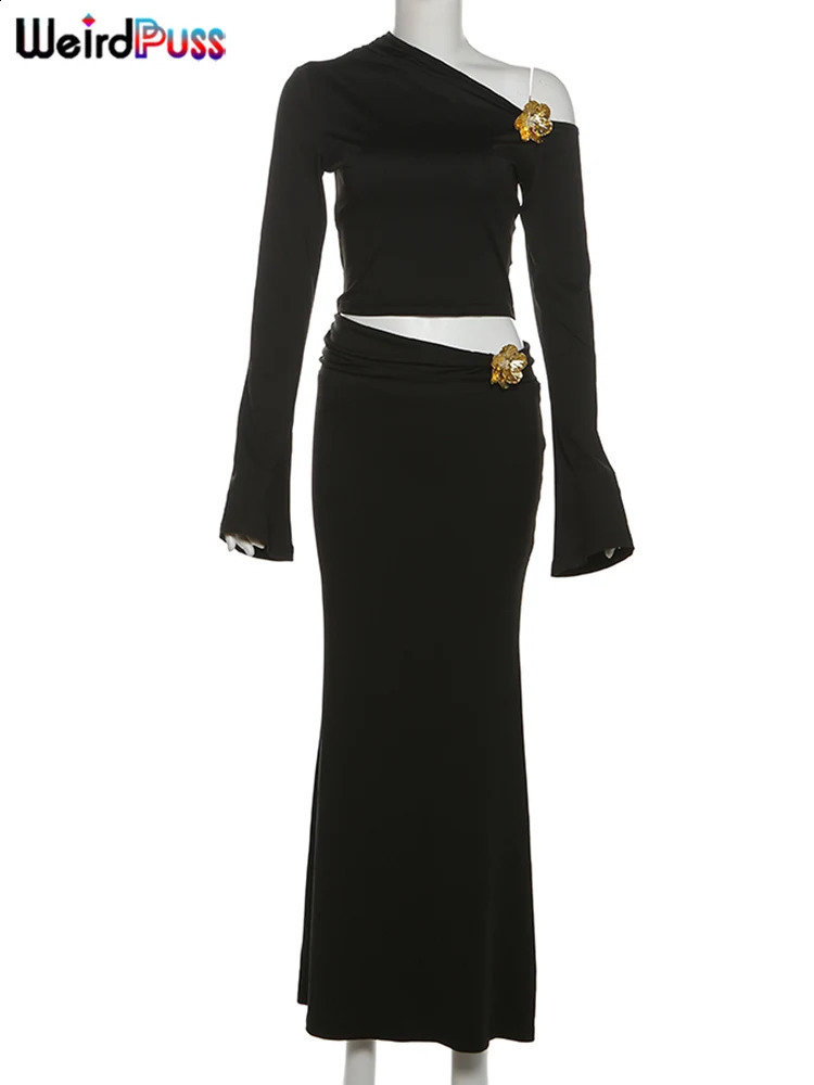 Weird Puss Metallic Flowers 2 Piece Set Women Elegant Skew Collar Full Sleeve Crop TopsIrregular Long Skirts Matching Clubwear 250324