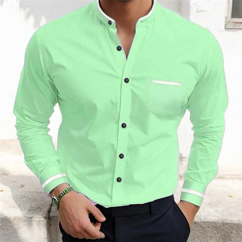 Mens standing collar long sleeved shirt pink gray blue solid color pocket shirt fashionable comfortable casual X250324