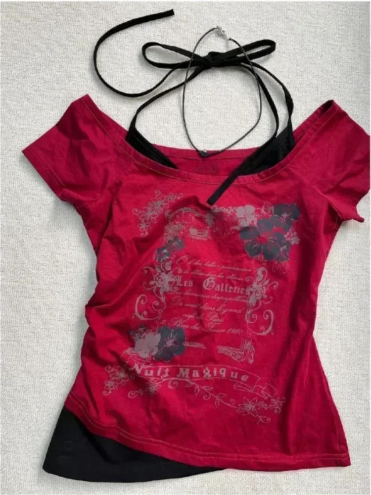 Neploe American Vintage Two Piece Halter Lace Up T-shirts Y2k Slim Fit Print Tops Women Off Shoulder Short Sleeve Tee Shirt 250324