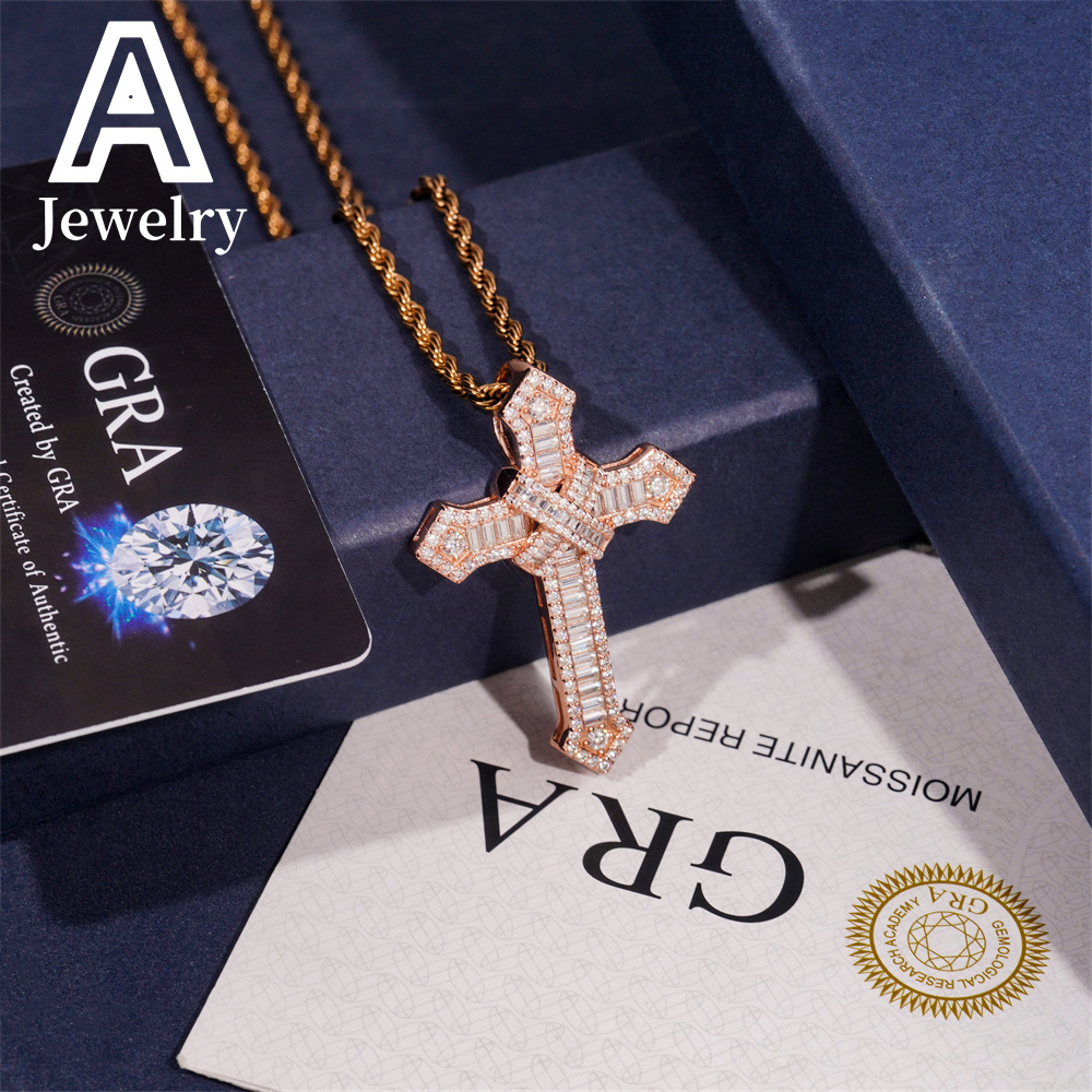 New Style Hip Hop iced out Cross Pendant 925 Silver Baguette VVS Moissanite Cross Charm Pendants