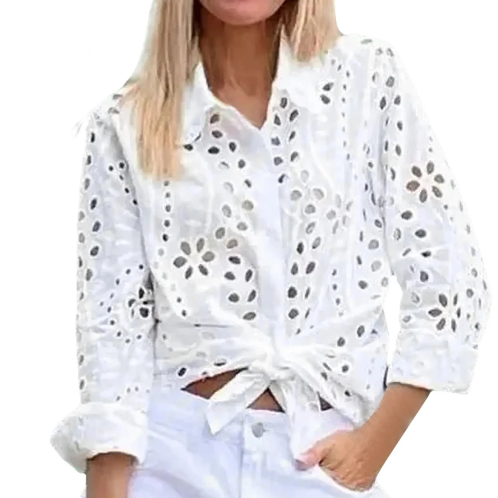 Womens retro hollow lace cardigan elegant lace embroidery solid shirt Cape Town long sleeved retro holiday vest 250318