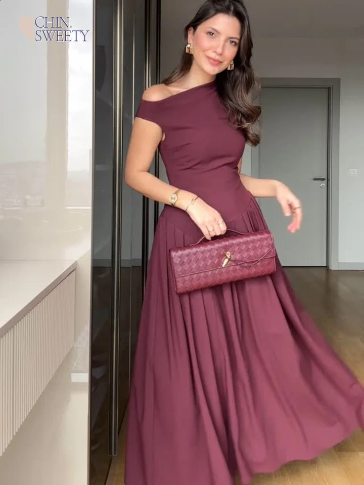 Women Elegant Wine Red Irregular Neck High Waist Slim Robes Fashion Sleeveless Pleated Hem Dress 2025 Chic Lady Party Gown 250322