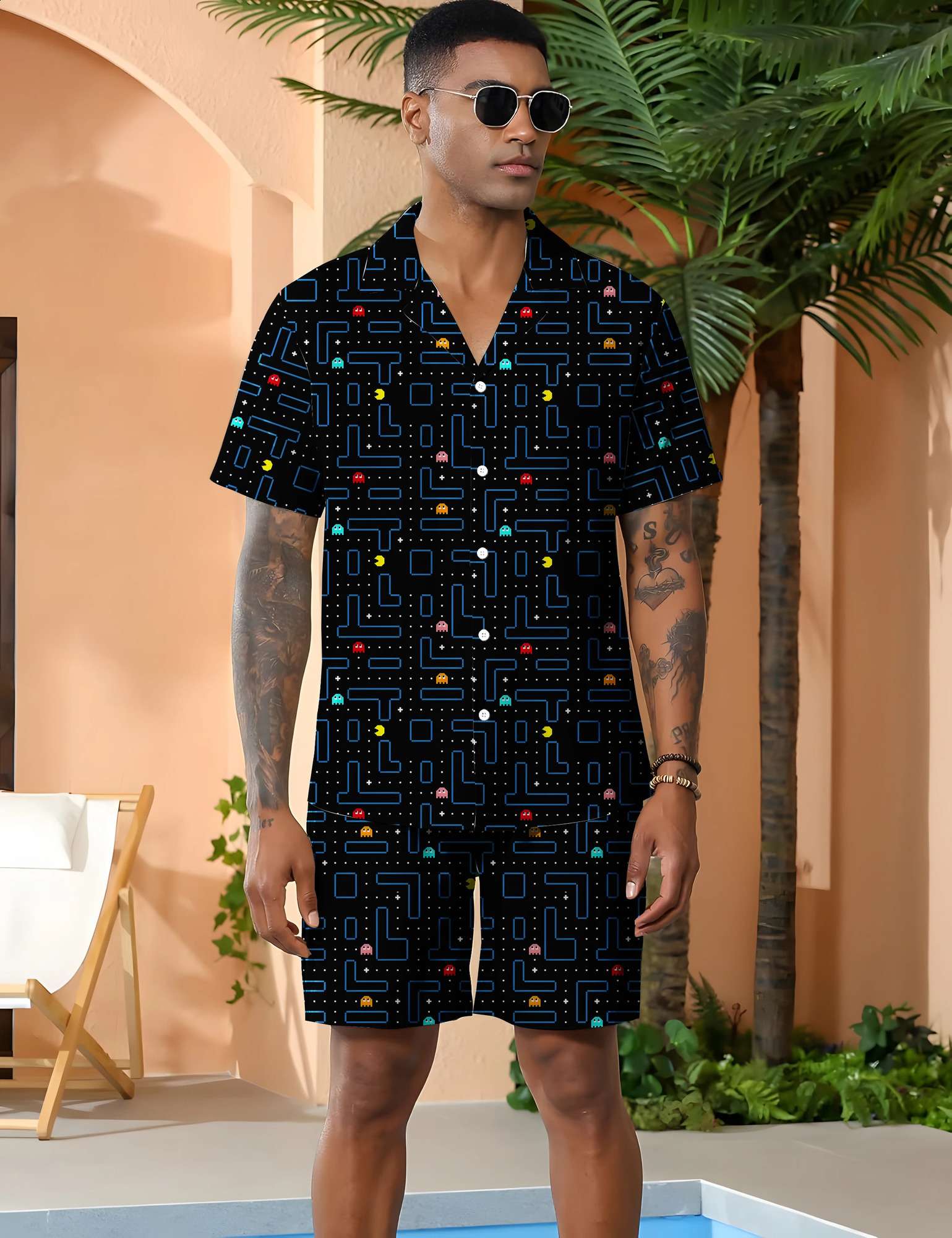 mens casual suit for summer Thin and skin friendly short sleeved shorts Game track pattern non fading clothes 250321
