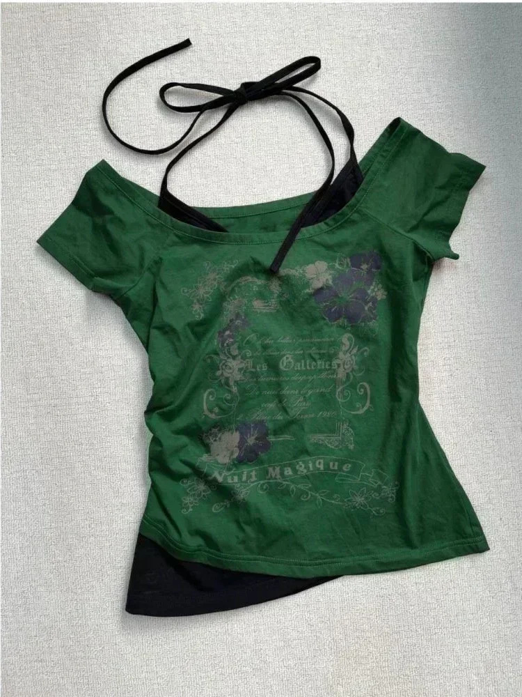 Neploe American Vintage Two Piece Halter Lace Up T-shirts Y2k Slim Fit Print Tops Women Off Shoulder Short Sleeve Tee Shirt 250324