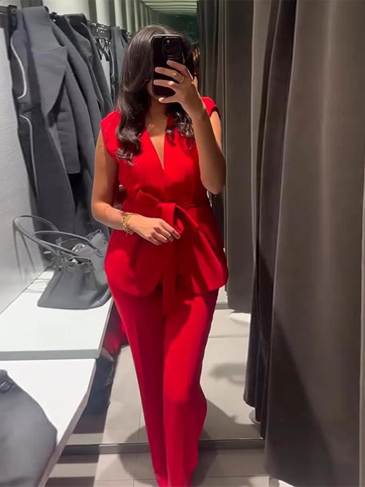 Elegant Red Vest Pant Women Sleeveless Lace Up V-Neck Top Pleated Straight Zipper Trousers 2025 Summer Loose Lady Commute Suit 250324