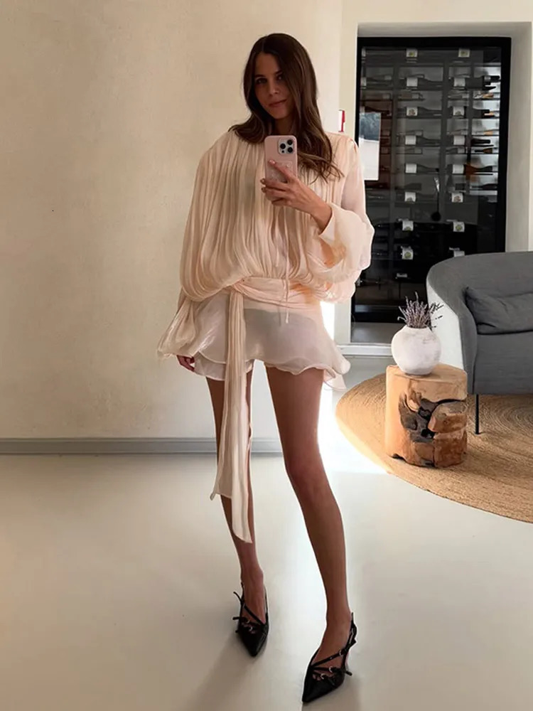 2025 Elegant Shiny Lace Up Womens Backless Ruffles Dress Chic Solid Lantern Sleeve A-line Mini Dresses Lady Street Vestidos 250324