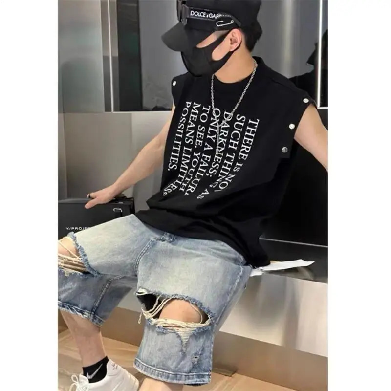 Mens letter printed loose vest metal button fitness vest top mens muscle sleeveless sports vest breathable sports vest 250321