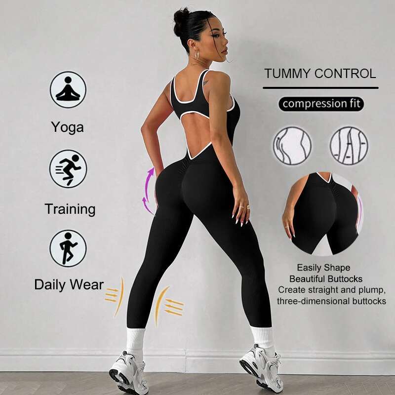 WAREBALL Sport Studio Women Seamless Yoga With Deep V Back Sleeveless Fashion Full Jumpsuit Sports Casual Daily Wear