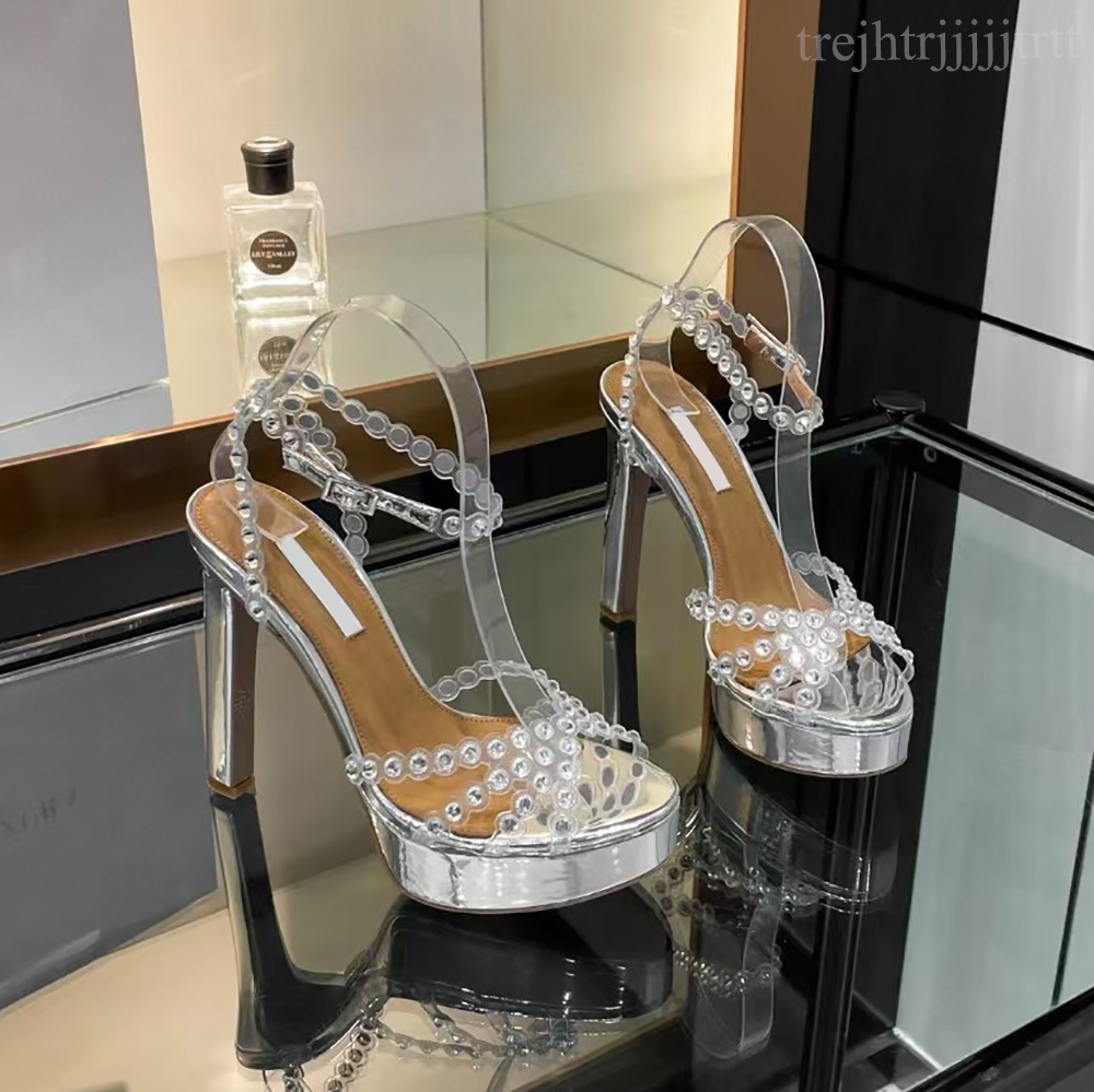 Womens Chunky Heel Waterproof Platform Sandals Genuine Leather Rhinestones Ankle Strap Open Toe Party Evening Shoes Luxury designer high heels