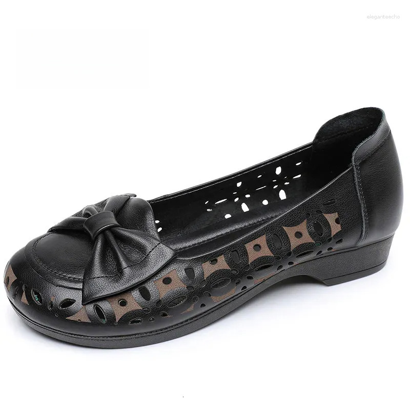 2025 S Fashion Designer Sandals ZXRYXGS Summer Top Cowhide Hollow Bow Women Leather Flat Shoes Large Size Soft Comfort Breathable
