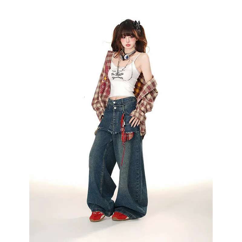 Street Popular Loose Women Patchwork Y2k New Haruku Vintage Oversized Wide-Leg Pants Couple High Waist Jeans 2025