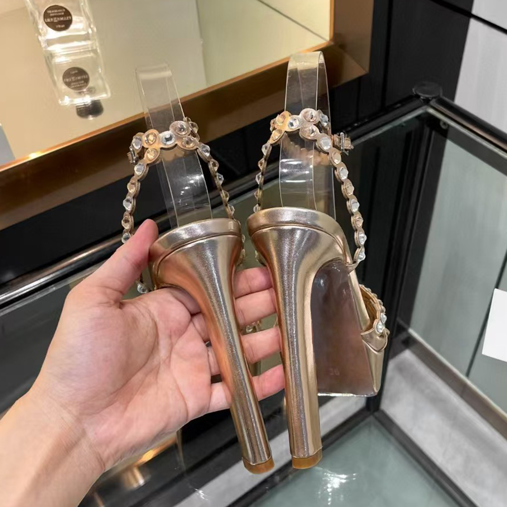 Womens Chunky Heel Waterproof Platform Sandals Genuine Leather Rhinestones Ankle Strap Open Toe Party Evening Shoes Luxury designer high heels