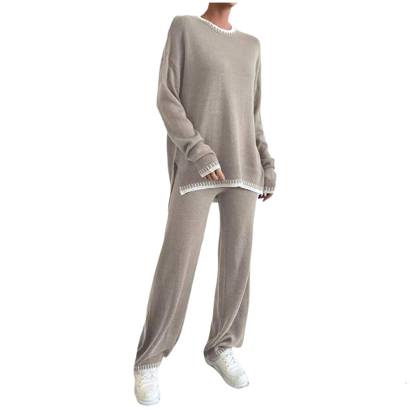 2025 Spring New Casual Women's Wear Color Contrasting Knitted Sweater Pants Two Piece Set