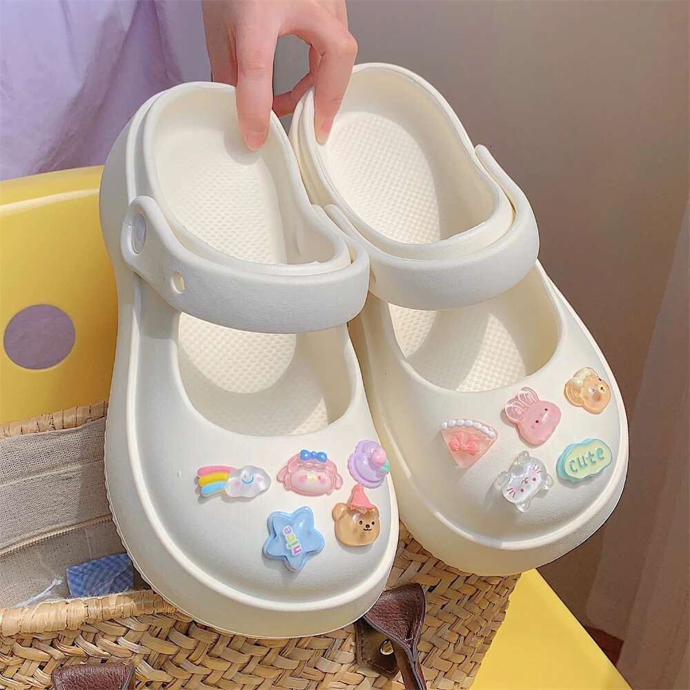 Summer New EVA Thick Mary Jane Perforated Shoes Women Wearing Elevated Soft Sole DIY Solid Color Two Wear Home Slippers
