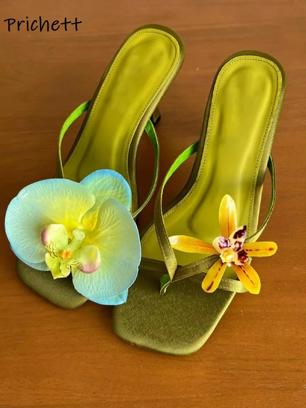 Moth Orchid Flip Flops Slippers Satin Asymmetric Square Toe Slip On Thin Heels Sandals Womens Lovey Elegant Outdoor Dress Shoes 250322