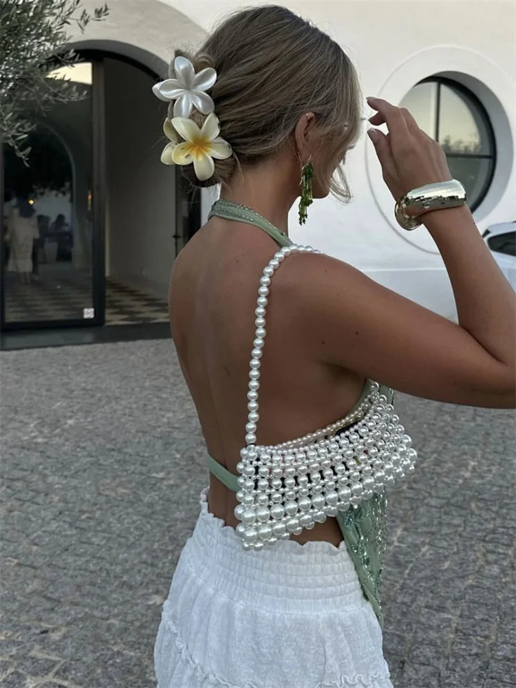 Tossy Summer Sequin Female Tank Top Printed V-Neck Hollow Out 2025 Backless Y2k Cropped Top Tee Sexy Glitter Halter Vest 250324