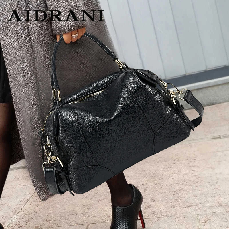 Aidrani womens retro handbag large capacity Boston bag made of cowhide material black 250317