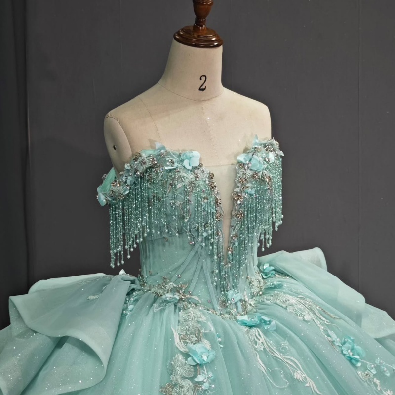 Mint Green Shiny Sweetheart Quinceanera Dresses Off The Shoulder Applique Flower Beading Tulle Vestidos De 15 Anos Sweet 16 Dress