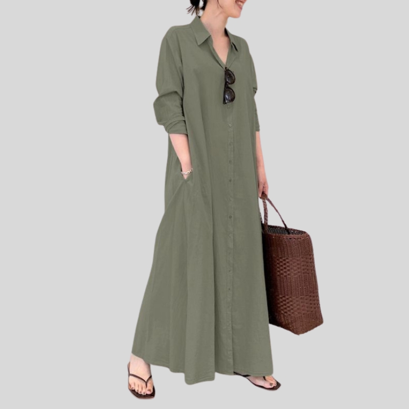 European and American wind cotton and linen solid color lapel collar long sleeve pocket simple loose casual long shirt dress