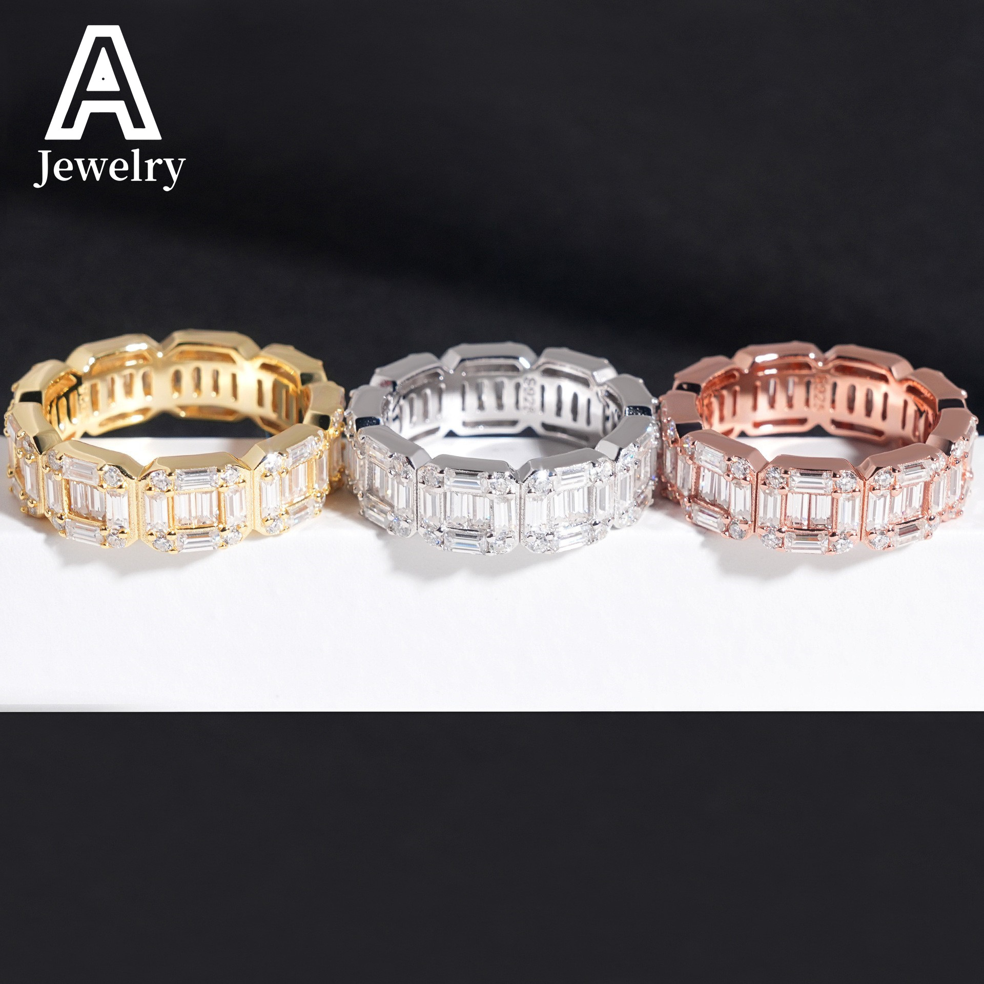 New Style unique flat line cut 925 sterling silver Moissanite ring for men and women Hip Hop set fashion rings