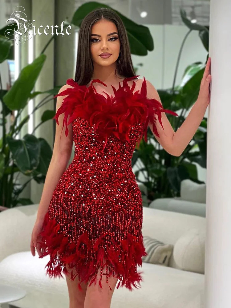 Womens strapless sleeveless Feather Red Sequins Prom mini evening gown for summer fashion 250320