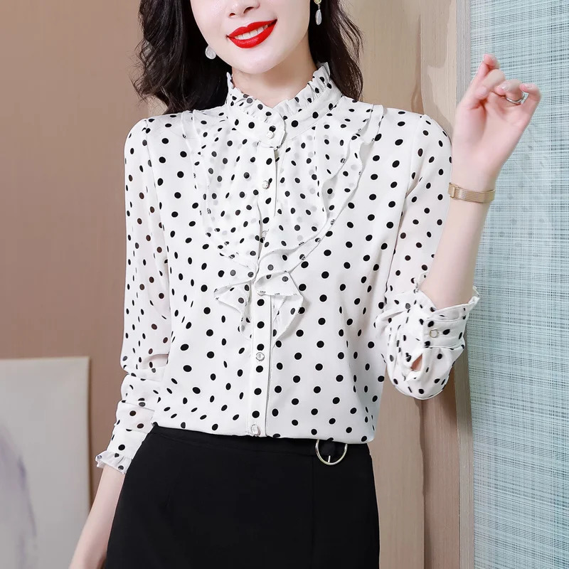 #2525 Polka Dot Printed Chiffon Shirt Women Ruffles Collar Office Shirt Long Sleeve Slim Spliced Ruffles Ladies Tops And Blouses 250318