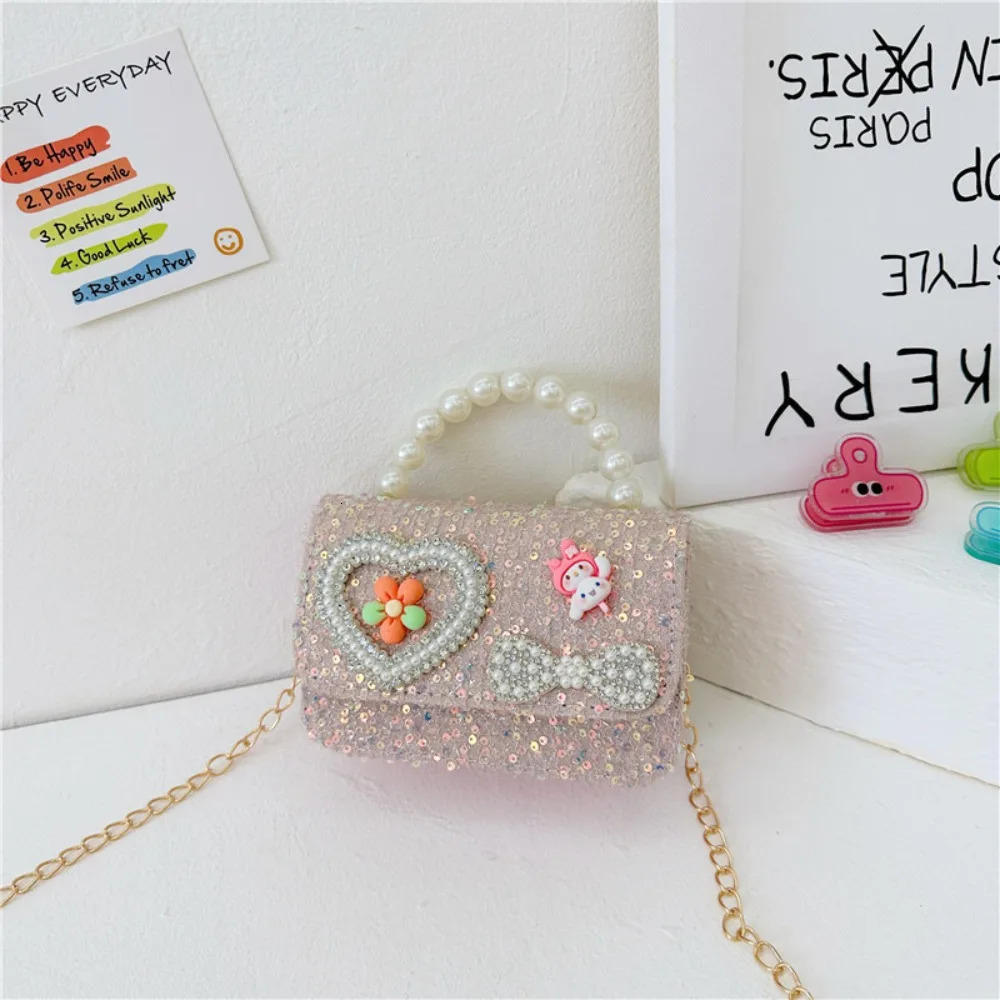 Korean style pearl childrens handbag lace bow princess shoulder messenger bag glitter coin purse pocket 250322