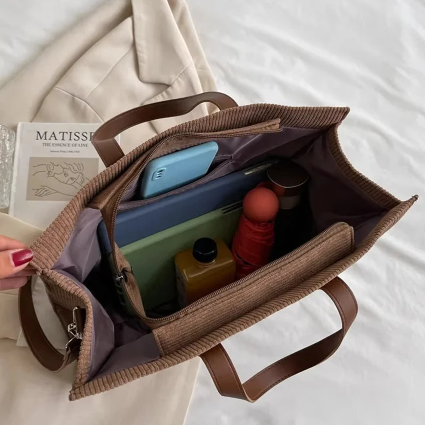 Womens Retro Corduroy Handbag er Shoulder Cross Messenger Handbag Girls Large Capacity Shopping Bag 250320