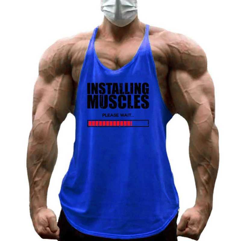 Install muscles please wait for printing gym fitness Y back vest mens casual fitness sleeveless cotton breathable T-shirt X250324