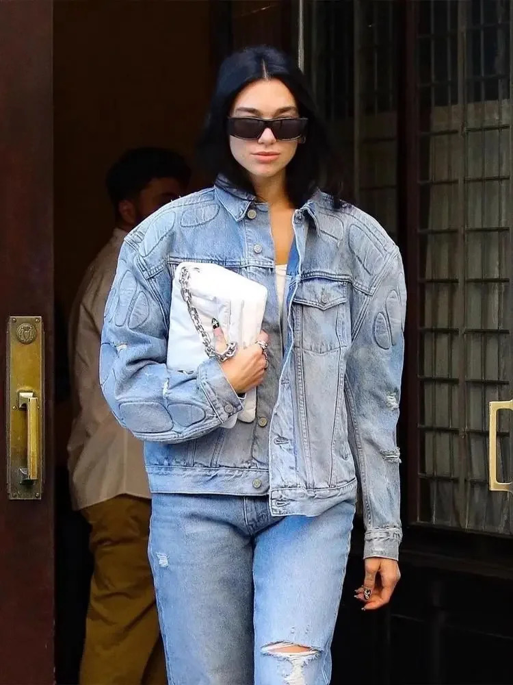 High Street Harajuku Washing and Old Denim Jacket Men Hip-hop Gothic Punk Y2K Streetwear Trendy Retro Casual Loose Coats 250318