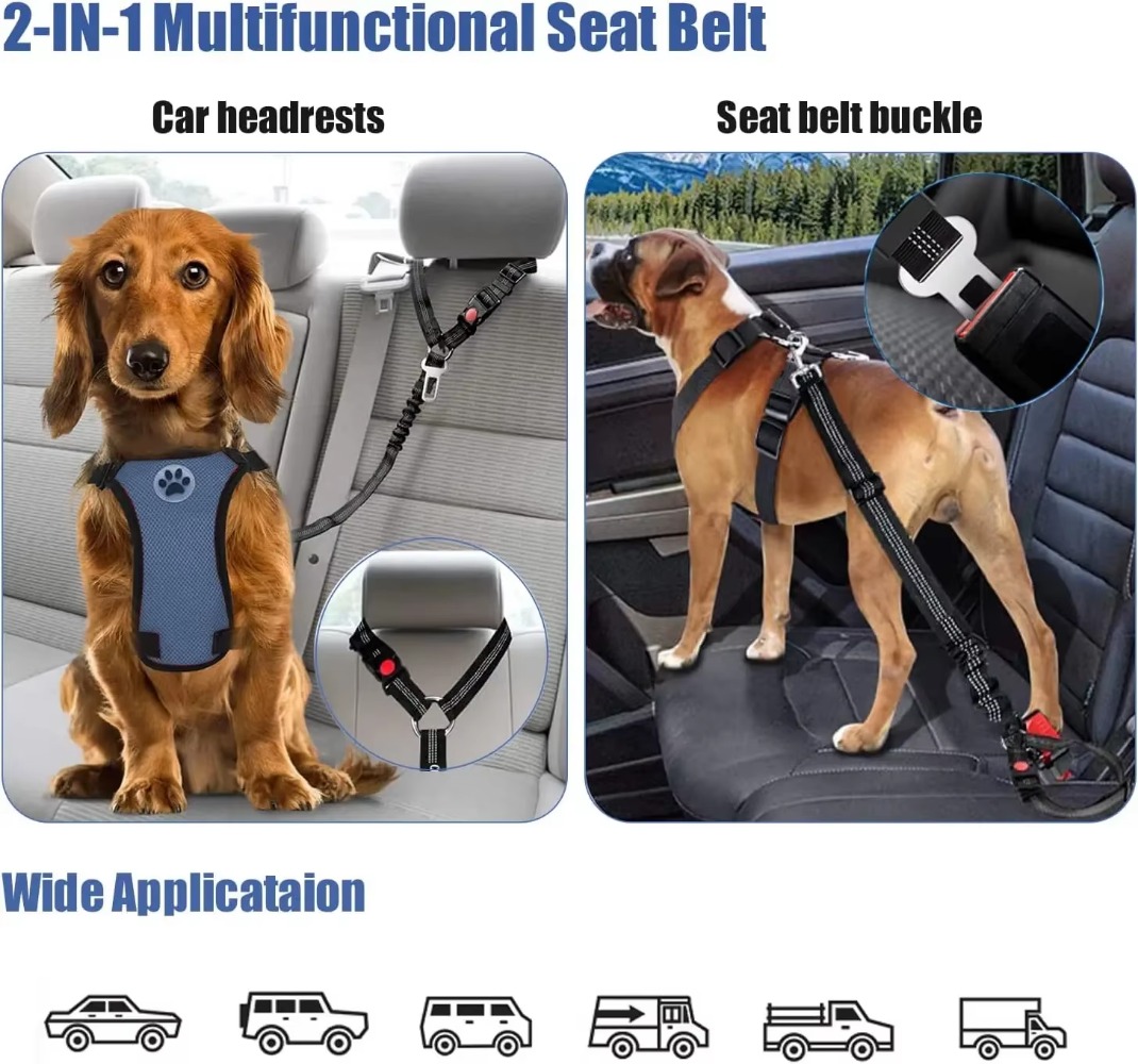 2-in-1 Dog Car Seat Belt Adjustable Reflective Pet Safety Seat Belt Dog Accessories for Large Medium Small Dogs