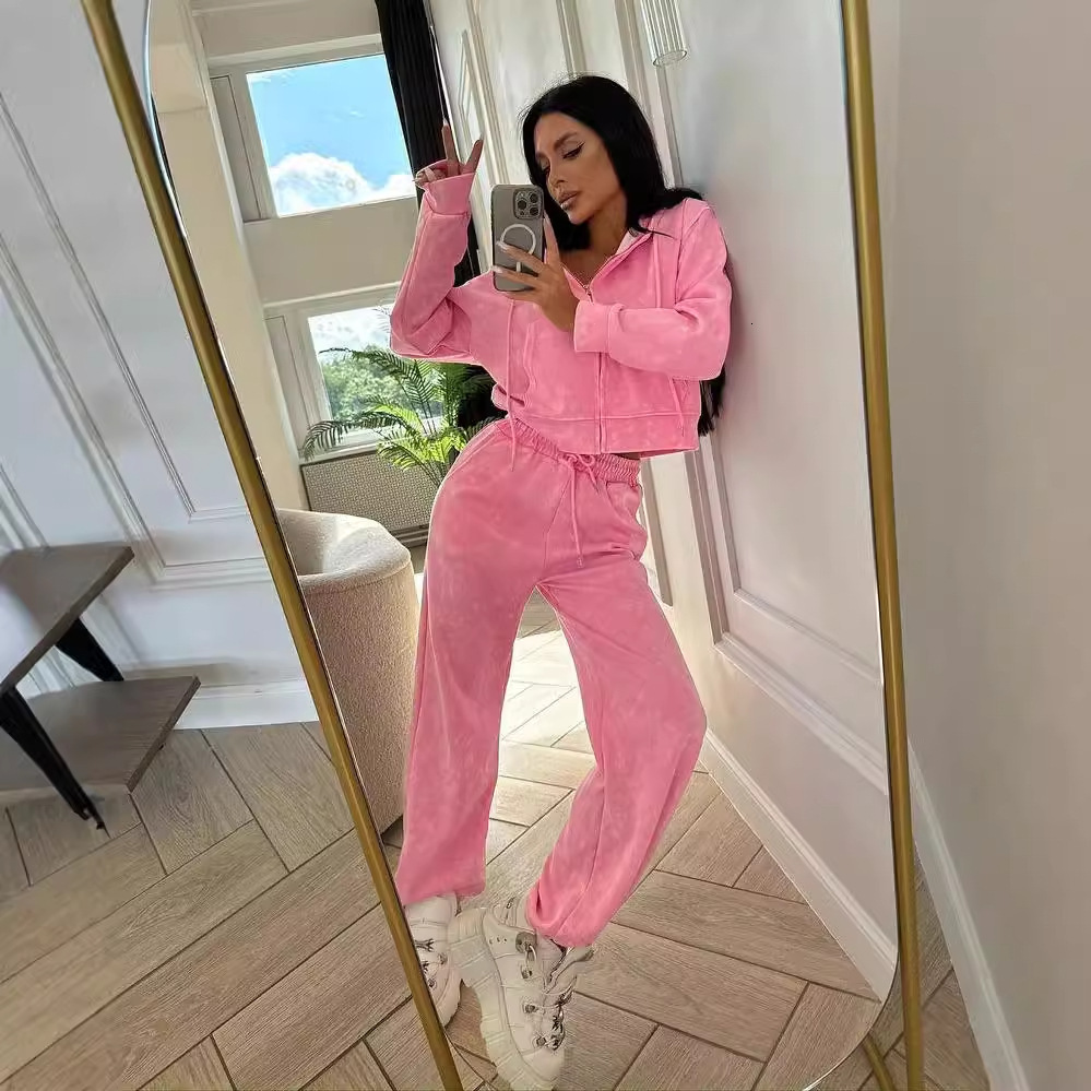 New vintage washed up hooded sweatshirt for women's high-end autumn straight leg pants solid color two-piece set