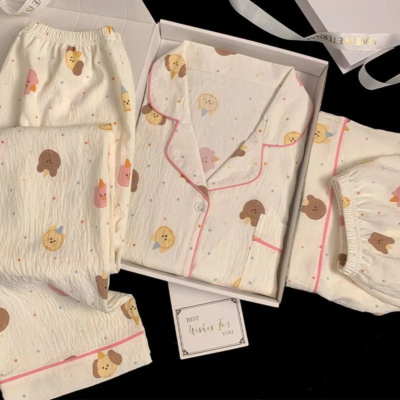 Colorful cartoon printed womens 3-piece pajamas Kawaii Sweet Cloud Cotton Homewear Spring/Summer pajamas 250321