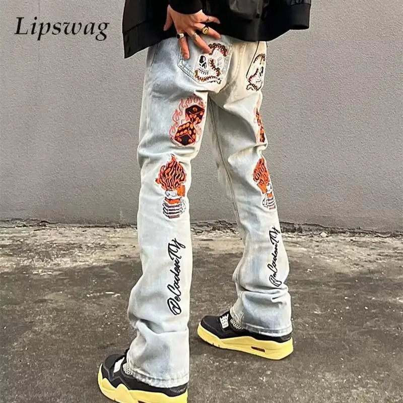 Y2K mens jeans fashionable skull y patch denim Trouser spring and summer fashion ultrathin elastic street clothing 250320
