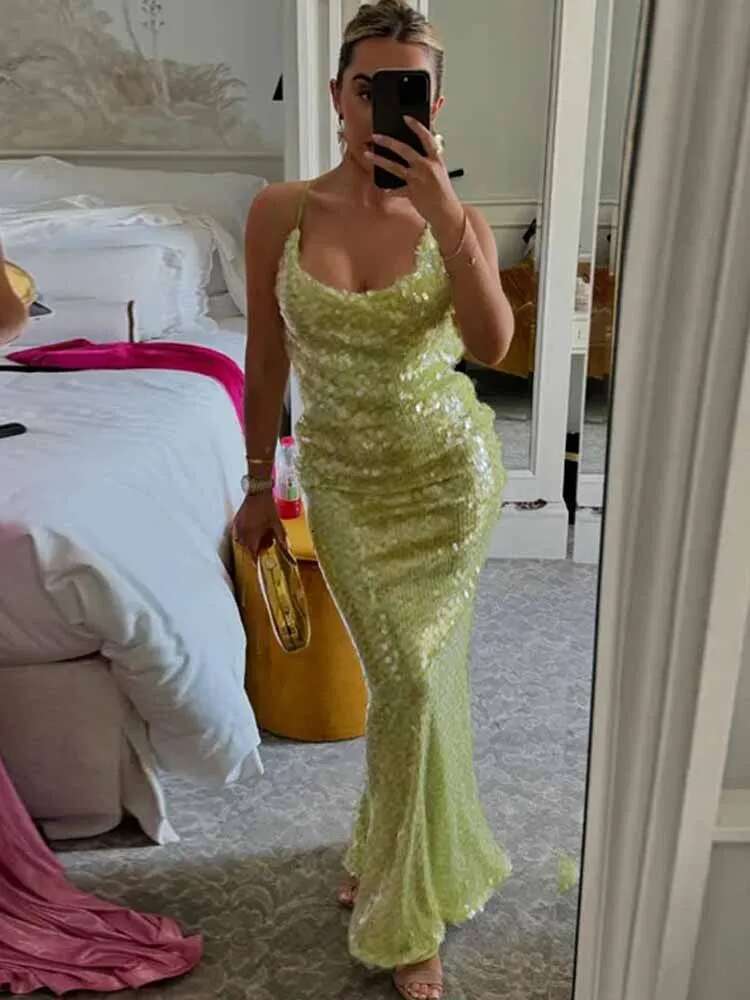 BKQU Sequins Sexy Backless Maxi Dress Women Cross Halter Fashion U Neck Slim Glitter Evening Robe 2025 Summer Lady Beach Dresses