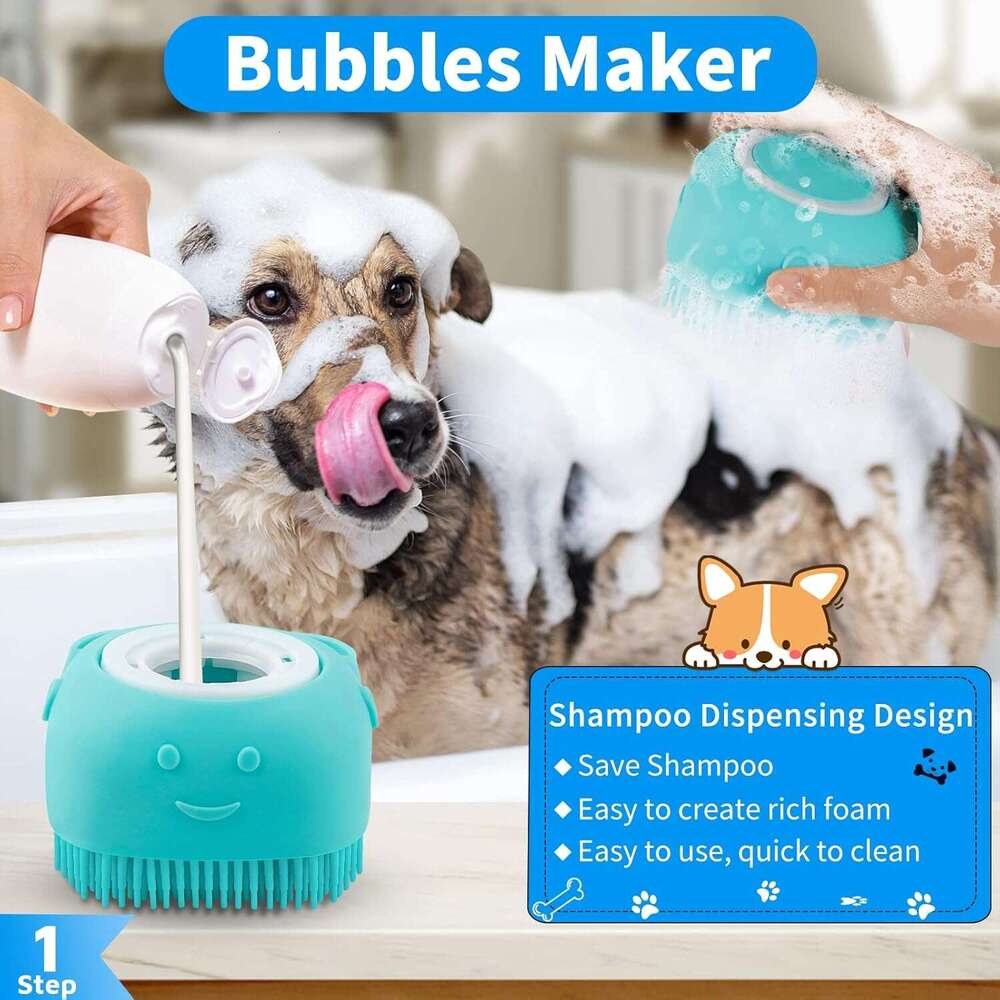 DHpet 3PCS Shampoo Bath Scrubber | Dog Shower/Washing Brush with Adjustable Ring Handle for Short & Long Hair (Blue Blue Blue)