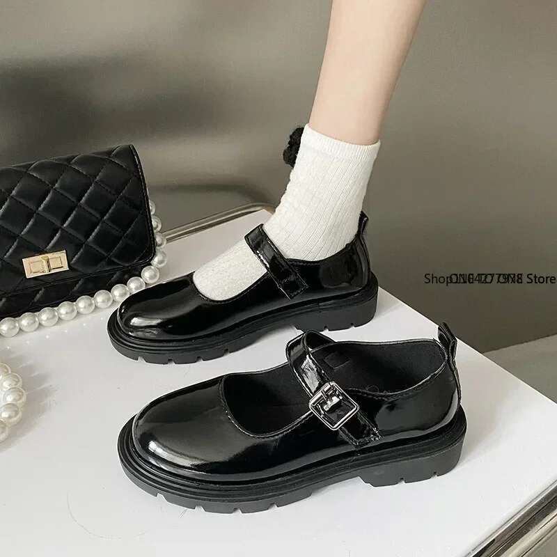 Women Loafers Vintage Round Toe Black Mary Jane Sweet Girls High Heel Platform Lolita Women's Shoes Plush 44